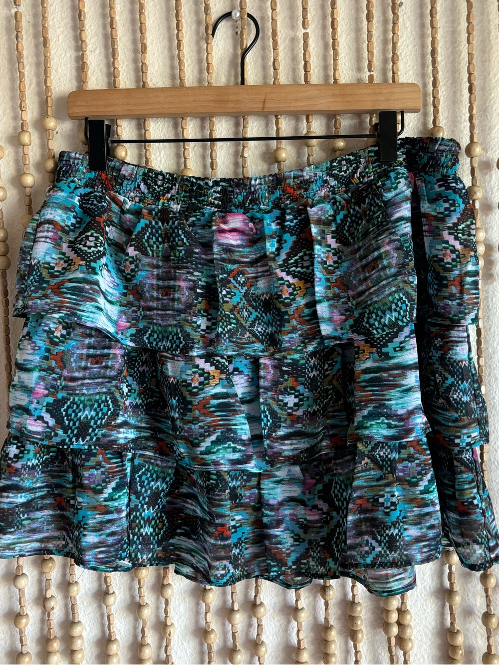 Blind Date Y2K 2000s Teal Blue Colorful Aztec Southwestern Tiered Ruffle Skirt